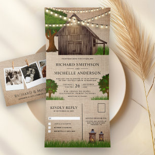 Rustikale Burlap Farm Holzhackenleuchter Hochzeit Dreifach Gefaltete Einladung