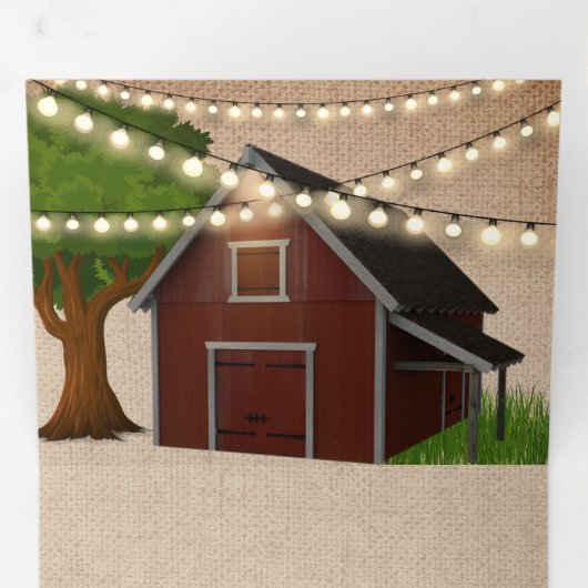 Rustikale Burlap Farm Red Barn String Lights Hochz Dreifach Gefaltete Einladung (Innen Erste Seite)
