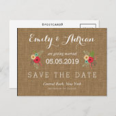 Rustikale Burlap Floral Save the Date Postkarten (Vorne/Hinten)