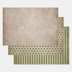 Rustikale Burlap Green Polka Dots Streifen fest Geschenkpapier Set