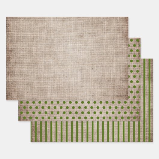 Rustikale Burlap Green Polka Dots Streifen fest Geschenkpapier Set (Set)