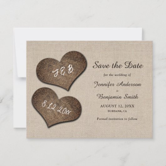 Rustikale Burlap-Herzen Hochzeit speichern das Dat Save The Date (Vorderseite)