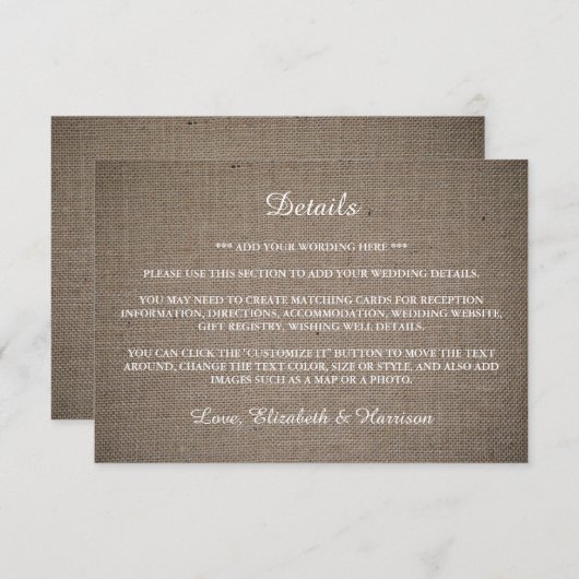 Rustikale Burlap-Hochzeit - Details Begleitkarte (Vorne/Hinten)