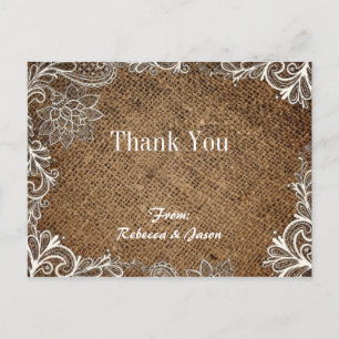 rustikale Burlap Lace Country Hochzeit danke Postkarte