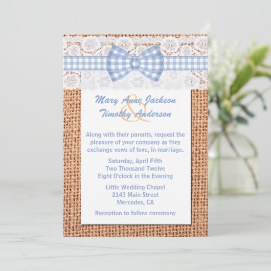 Rustikale Burlap- & Lace Country-Hochzeit Einladung (Stehend Vorderseite)