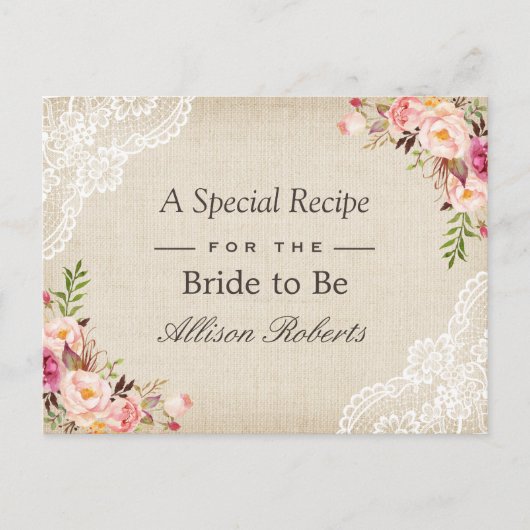 Rustikale Burlap Lace Floral Bridge als Rezept Car Postkarte (Vorderseite)