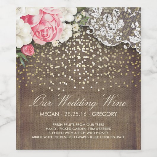 Rustikale Burlap Lace Gold Confetti und Blume Weinetikett (Einzelnes Label)