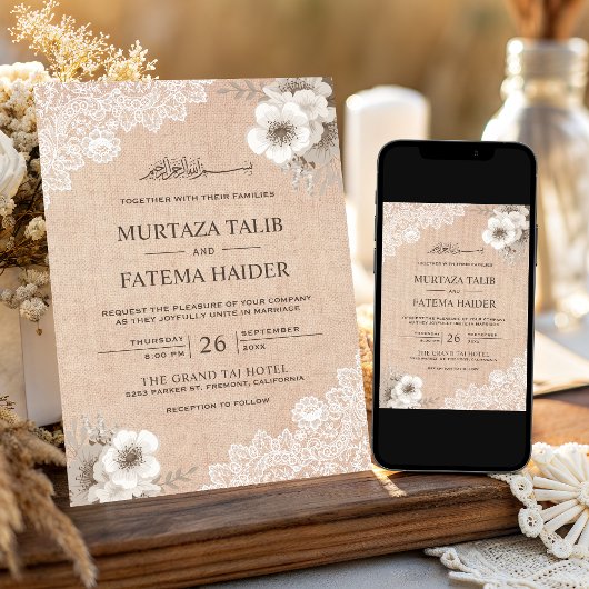 Rustikale Burlap Lace Ivory Floral Islamische Hoch Einladung