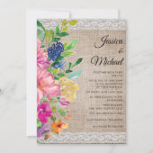 Rustikale Burlap Lace Pink Blue Floral Wedding Einladung (Vorderseite)