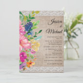 Rustikale Burlap Lace Pink Blue Floral Wedding Einladung (Stehend Vorderseite)