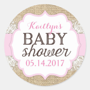 Rustikale Burlap Lace Pink Girl Babydusche Runder Aufkleber