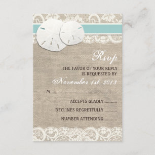 Rustikale Burlap Lace RSVP Karte am Strand