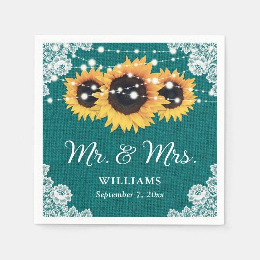 Rustikale Burlap Lace Sonnenblume Aquamarine Hochz Serviette (Vorderseite)