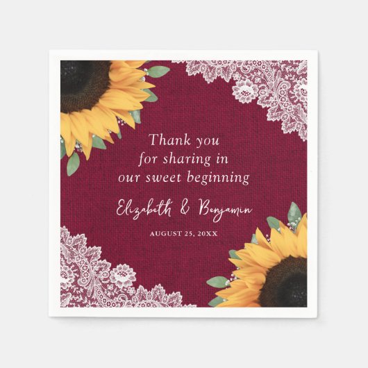 Rustikale Burlap Lace Sonnenblume und Burgund Hoch Serviette (Vorderseite)