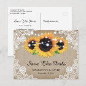 Rustikale Burlap Lace Sonnenblumen Hochzeit retten Ankündigungspostkarte (Vorne/Hinten)