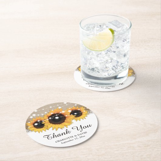 Rustikale Burlap Lace String Lights Sonnenblume Ho Runder Pappuntersetzer (Vor Ort)