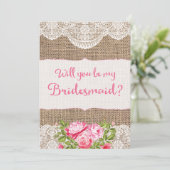 Rustikale Burlap Lace Werden Sie meine Bridesmaid Einladung (Stehend Vorderseite)