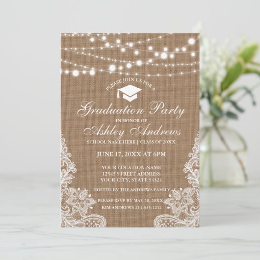 Rustikale Burlap Lights Lace Abschluss Einladung W (Stehend Vorderseite)