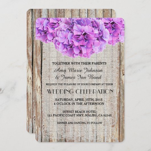 Rustikale Burlap lila Hydrangea Hochzeit lädt ph1 Einladung (Vorne/Hinten)