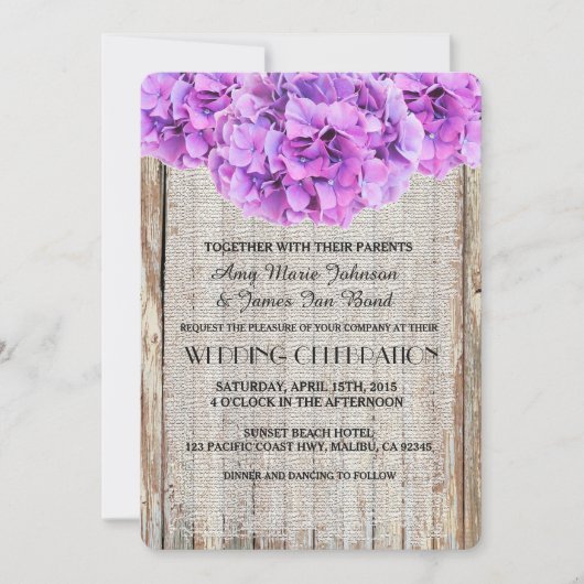 Rustikale Burlap lila Hydrangea Hochzeit lädt ph1 Einladung (Vorderseite)