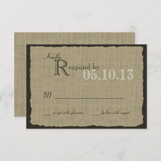 Rustikale Burlap Look Hochzeitsreaktion RSVP Karte (Vorne/Hinten)