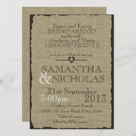 Rustikale Burlap Look Wedding Einladung (Vorne/Hinten)