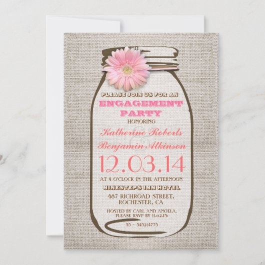 Rustikale Burlap Mason Jar Pink Engagement Party Einladung (Vorderseite)