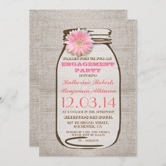 Rustikale Burlap Mason Jar Pink Engagement Party Einladung (Vorne/Hinten)