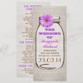Rustikale Burlap-Maurer Glas lila Hochzeitsprogram Programm (Vorne/Hinten)