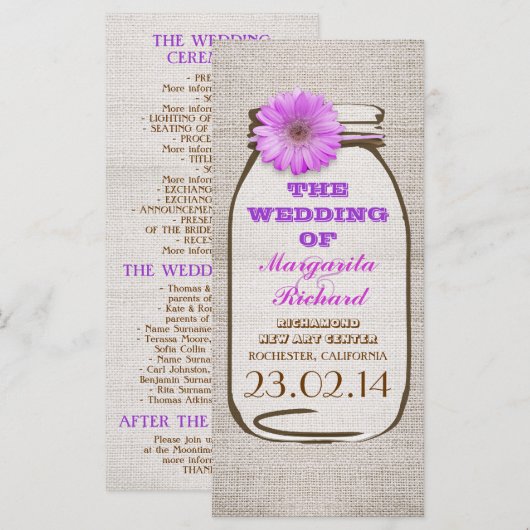 Rustikale Burlap-Maurer Glas lila Hochzeitsprogram Programm (Vorne/Hinten)