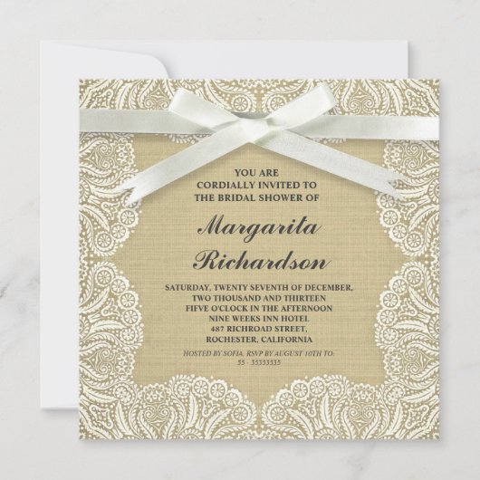 Rustikale Burlap mit weißer Spitze und Bugbridaldu Einladung (Vorderseite)