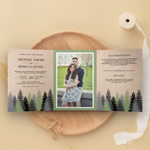 Rustikale Burlap Pine Foto Forest Wedding Dreifach Gefaltete Einladung