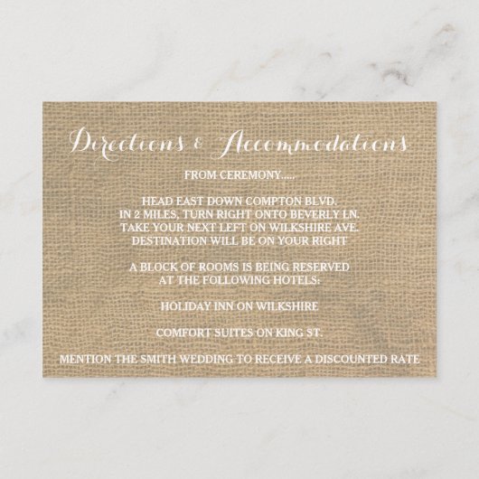 Rustikale Burlap Pine Trees Winter Empfang Card Begleitkarte (Rückseite)