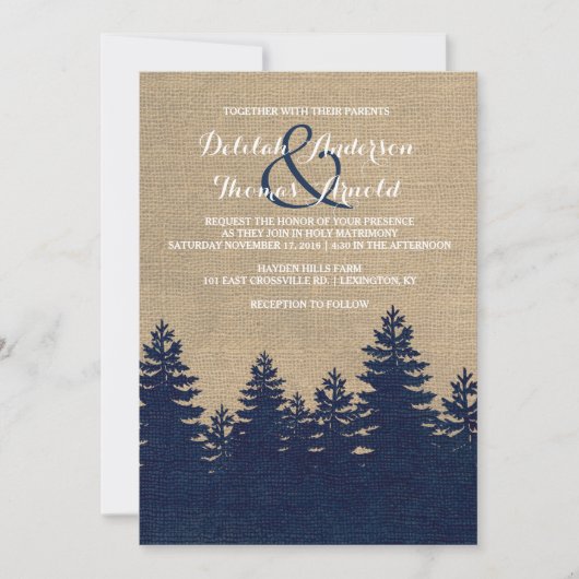 Rustikale Burlap Pine Trees Winter Wedding Einladu Einladung (Vorderseite)