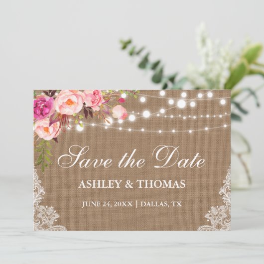 Rustikale Burlap Pink Bläserschicht Save the Date (Stehend Vorderseite)