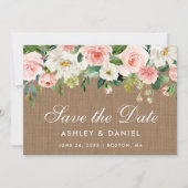 Rustikale Burlap Pink White Floral Save the Date K (Vorderseite)