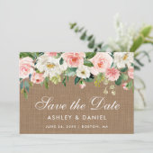 Rustikale Burlap Pink White Floral Save the Date K (Stehend Vorderseite)