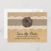 Rustikale Burlap-Rose und Ribbon-Spitze Save the D Ankündigungspostkarte (Vorne/Hinten)