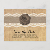 Rustikale Burlap-Rose und Ribbon-Spitze Save the D Ankündigungspostkarte (Vorderseite)