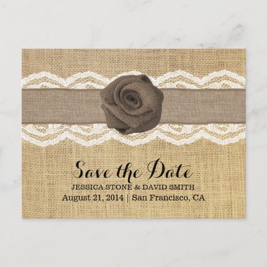 Rustikale Burlap-Rose und Ribbon-Spitze Save the D Ankündigungspostkarte (Vorderseite)