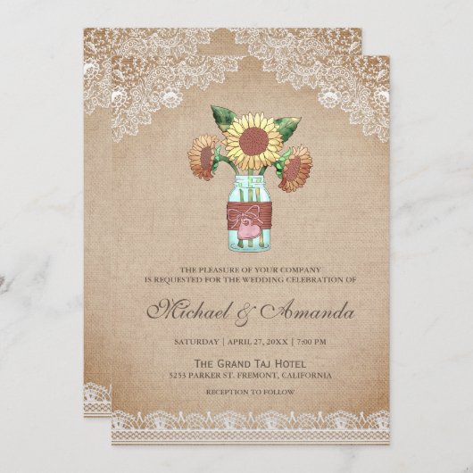 Rustikale Burlap Sonnenblume Mason Jar Lace Hochze Einladung (Vorne/Hinten)
