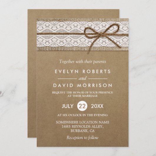 Rustikale Burlap-String in einer Bow Lace Wedding Einladung (Vorne/Hinten)