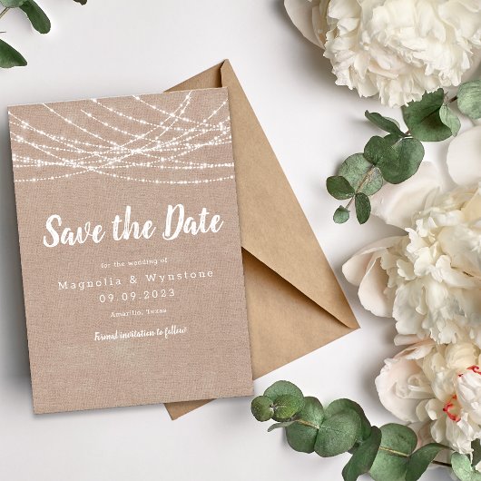 Rustikale Burlap-String-Lichter Hochzeit speichern Save The Date