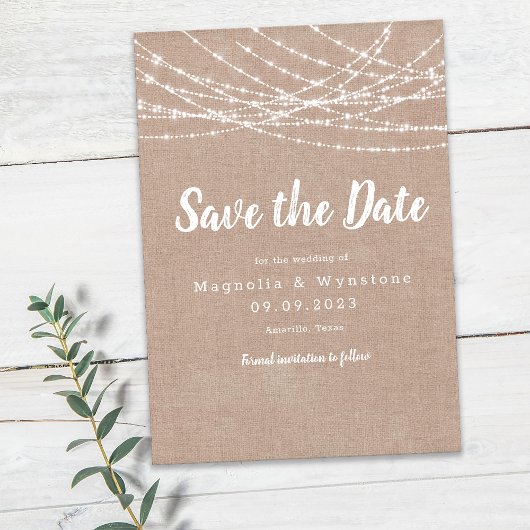 Rustikale Burlap-String-Lichter Hochzeit speichern Save The Date