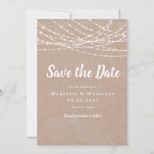 Rustikale Burlap-String-Lichter Hochzeit speichern Save The Date (Vorderseite)