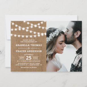 Rustikale Burlap-String-Lights-Foto-Hochzeit Einladung