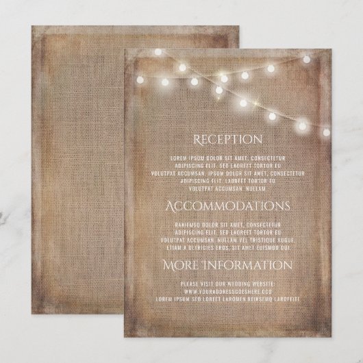 Rustikale Burlap String Lights Hochzeitsinformatio Begleitkarte (Vorne/Hinten)