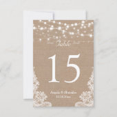 Rustikale Burlap String Lights Lace Tischnummer (Vorderseite)