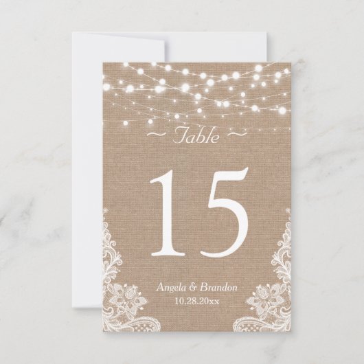 Rustikale Burlap String Lights Lace Tischnummer (Vorderseite)