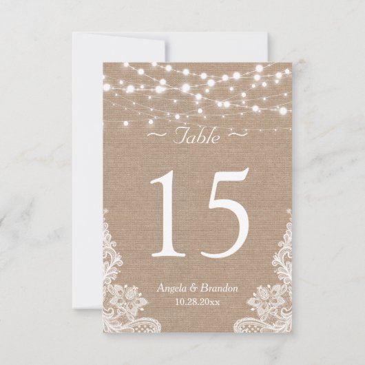 Rustikale Burlap String Lights Lace Tischnummer (Rückseite)